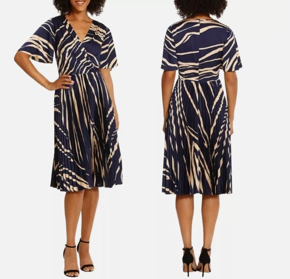 Maggy London Pleated Abstract Navy Midi Dress Size 10